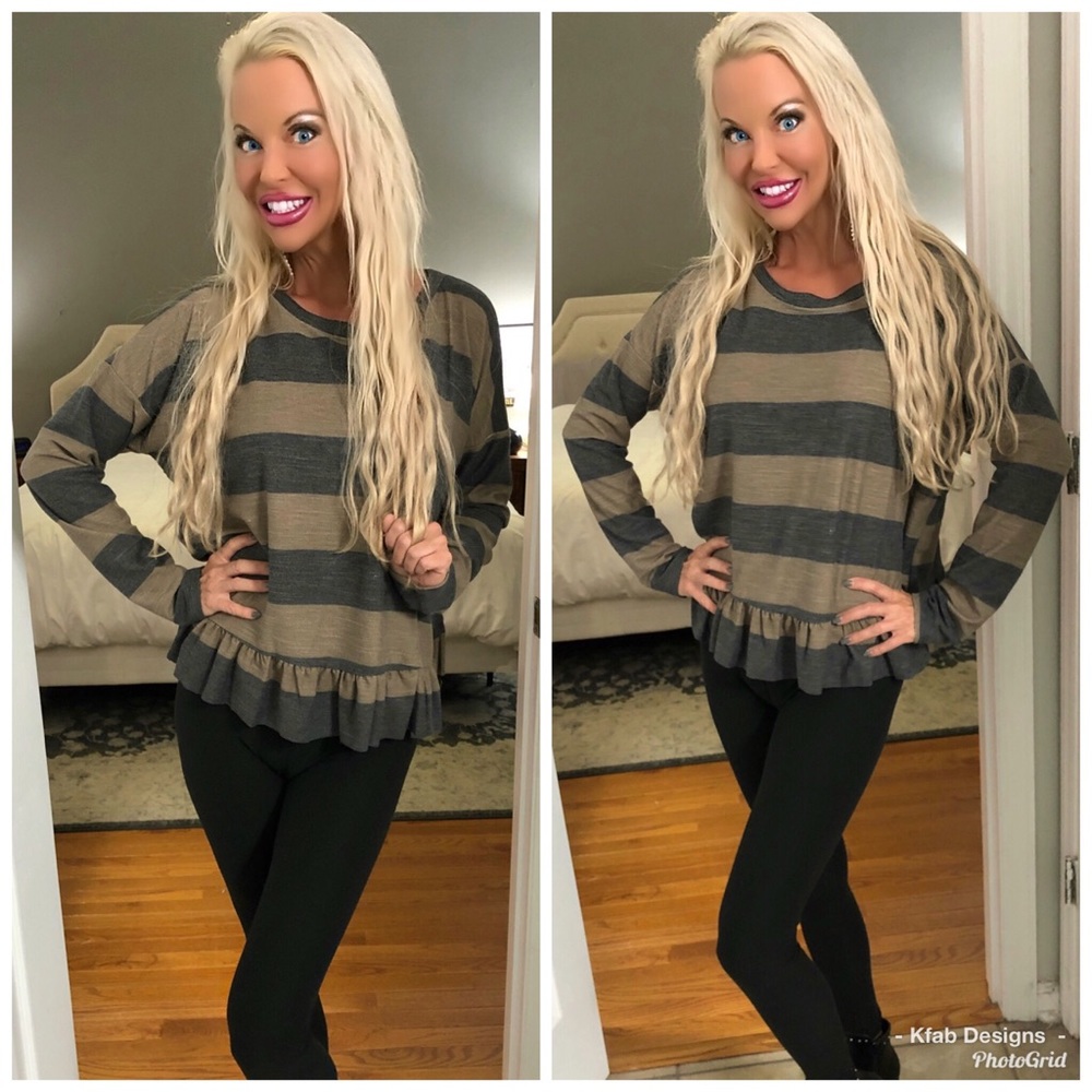 ❤️LAST 1! mocha/gray striped ruffle top! - Picture 2 of 4